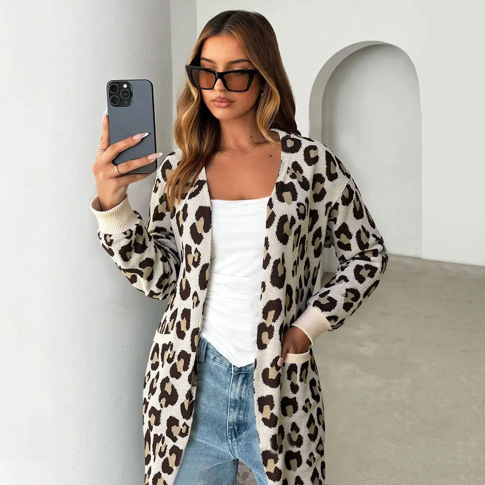 

Leopard Print Autumn Women's Cardigan Color Blocked V-Neck Pockets Female's Sweater Slouchy-Style Versatile Knitwear For Lady