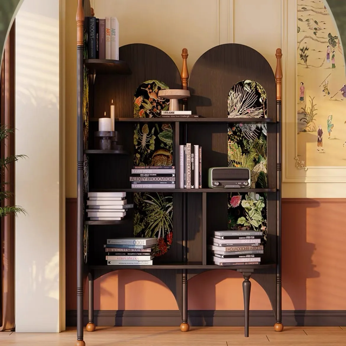 

Medieval corner cabinet small apartment living room tripod French ash wood study bookshelf next to sofa display cabinet