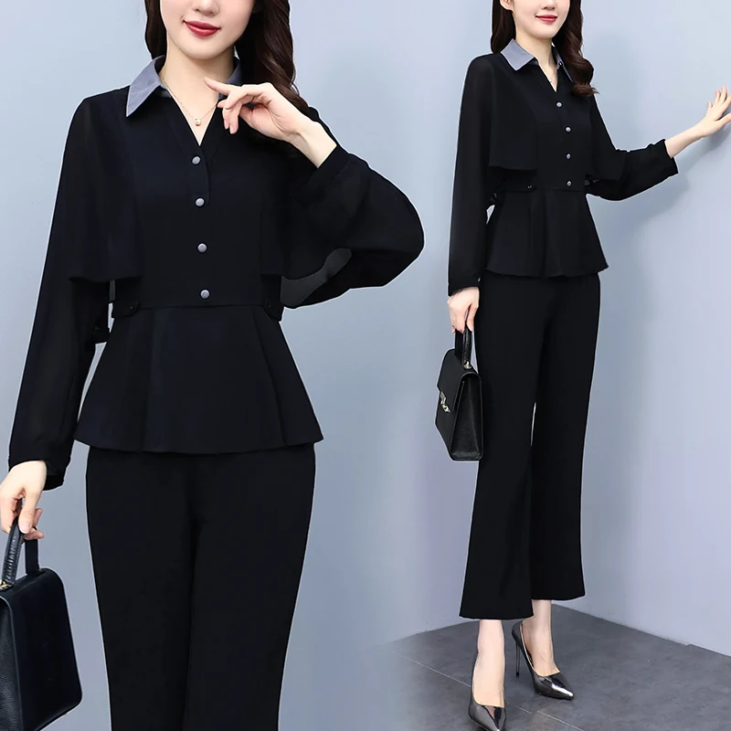 Fashion Oversize Women Pants Sets For Spring Autumn 2023 New False 2 Pieces High Office Lady Pantsuits Outfits Top Quality