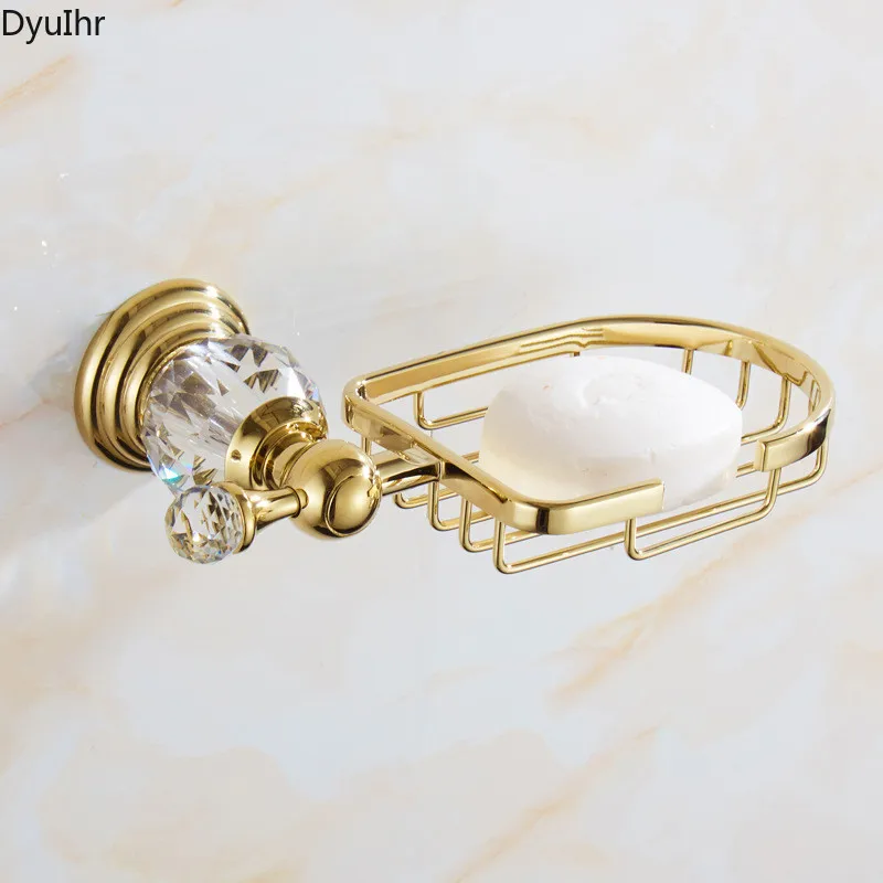 

1pc European style golden wall hanging stainless steel crystal soap dish soap net oval shelf bathroom accessories