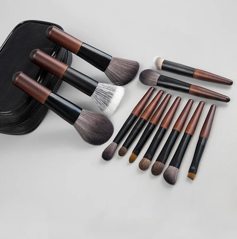 12本入りミニポータブルメイクブラシセット、収納ブラシバッグ付き、木製ハンドル、山羊毛、アイシャドウ、ステップリング、パウダーブラシ用