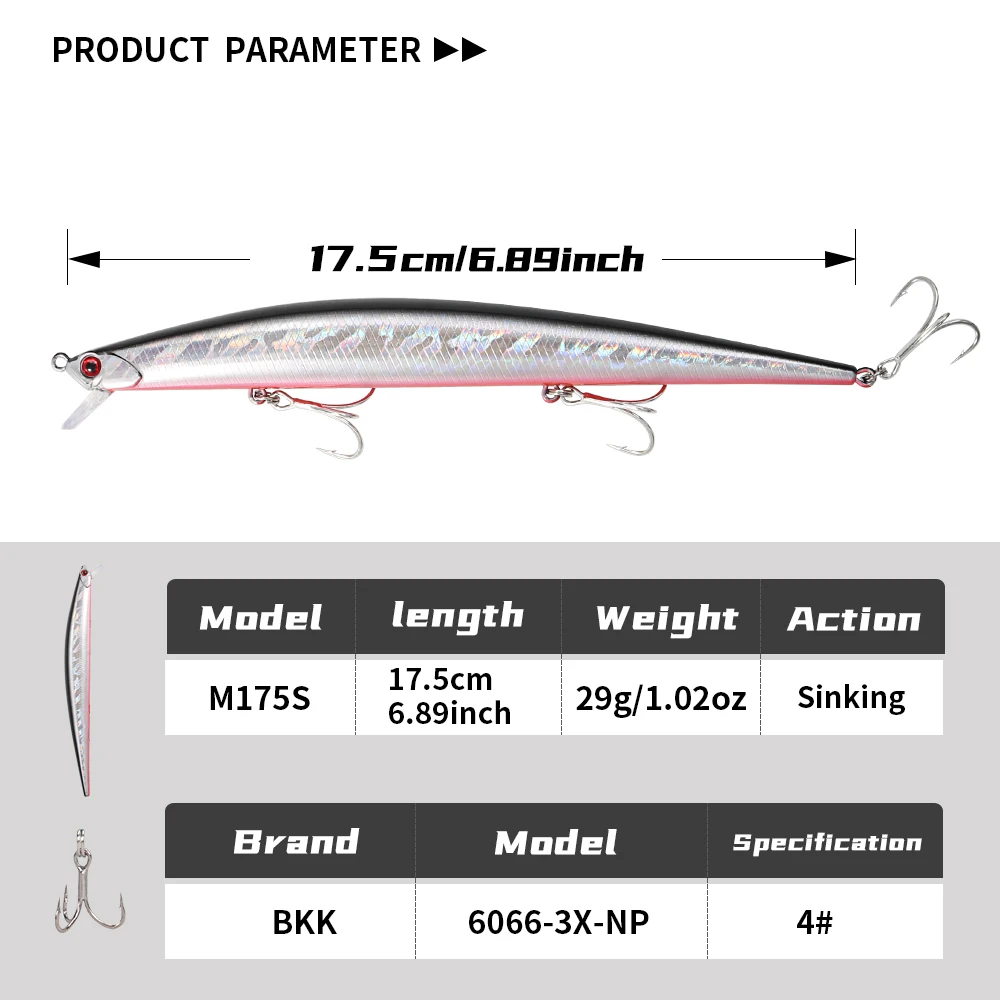 JIGGING PRO 175mm 29g Sinking Slim Minnow Fishing Lure Long Casting Saltwater Fishing Bait With Tungsten Ball