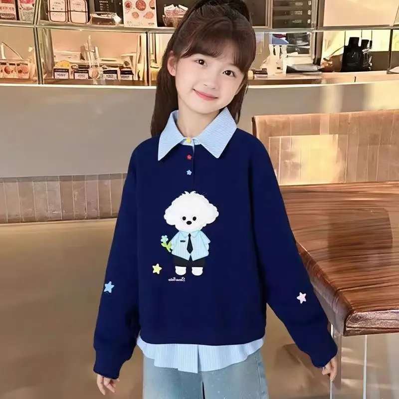 Girls Autumn Clothing New Children's College Style Polo Collar Sweatshirt Kids Embroidered Puppy Long Sleeve Top