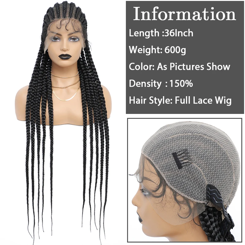 Black Full Lace Front Braided Wig Knotless Natural Box Braiding Frontal Wig with Baby Hair 36 Inch Synthetic Cornrow Braids Wig