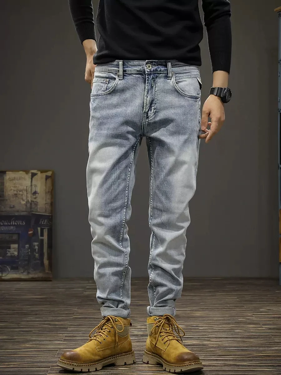 Newly Designer Fashion Men Jeans Retro Light Blue Stretch Slim Fit Ripped Jeans Men Casual Trousers Vintage Denim Pants Hombre