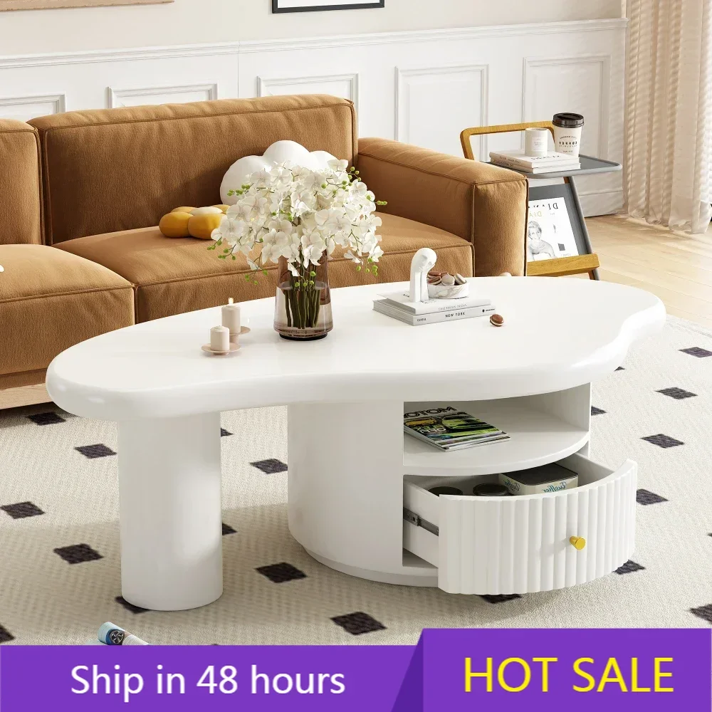Cloud Coffee Table, Irregular Shape Coffee Table with 1 Dreawer and Shelf for Living Room， Coffee Table,Table Basse Ronde Marbre