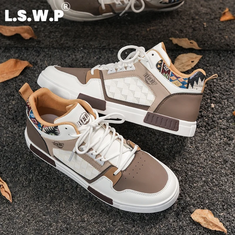 Men's Running Shoes, New Retro Ethnic Style Men's Mid-High Top Sneakers, Checkerboard Pattern Embossed Pu Patchwork Casual Trendy Shoes, Wear-Resistant Rubber Sole Shoes, Versatile Street Style Commuter Casual Sports Shoes for Men
