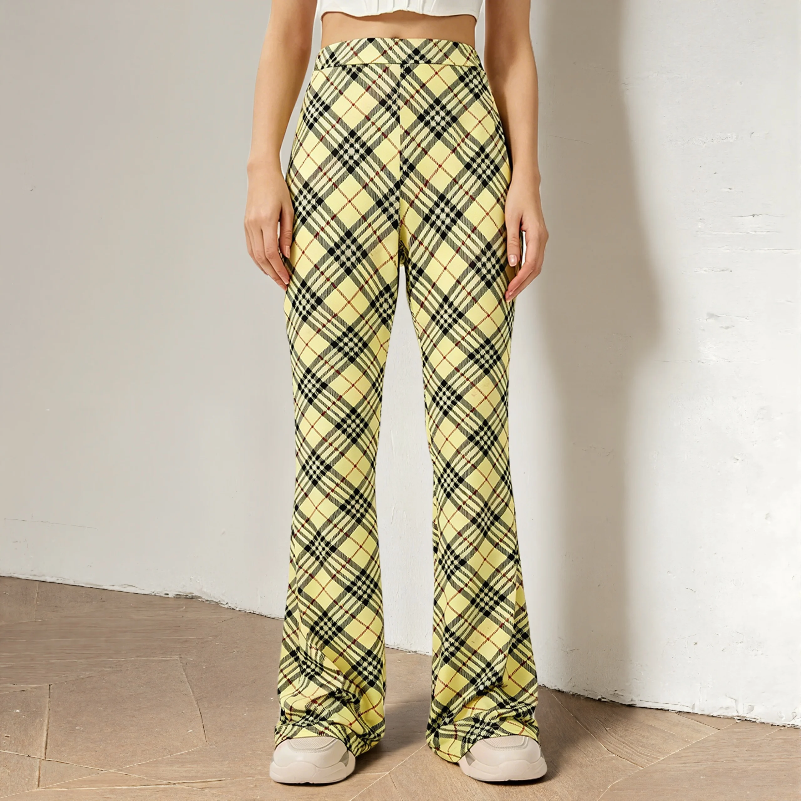 Women's High-Waisted Straight Leg Pants Summer Leisure Commuting Contrasting Plaid Slightly Flared Casual Trousers
