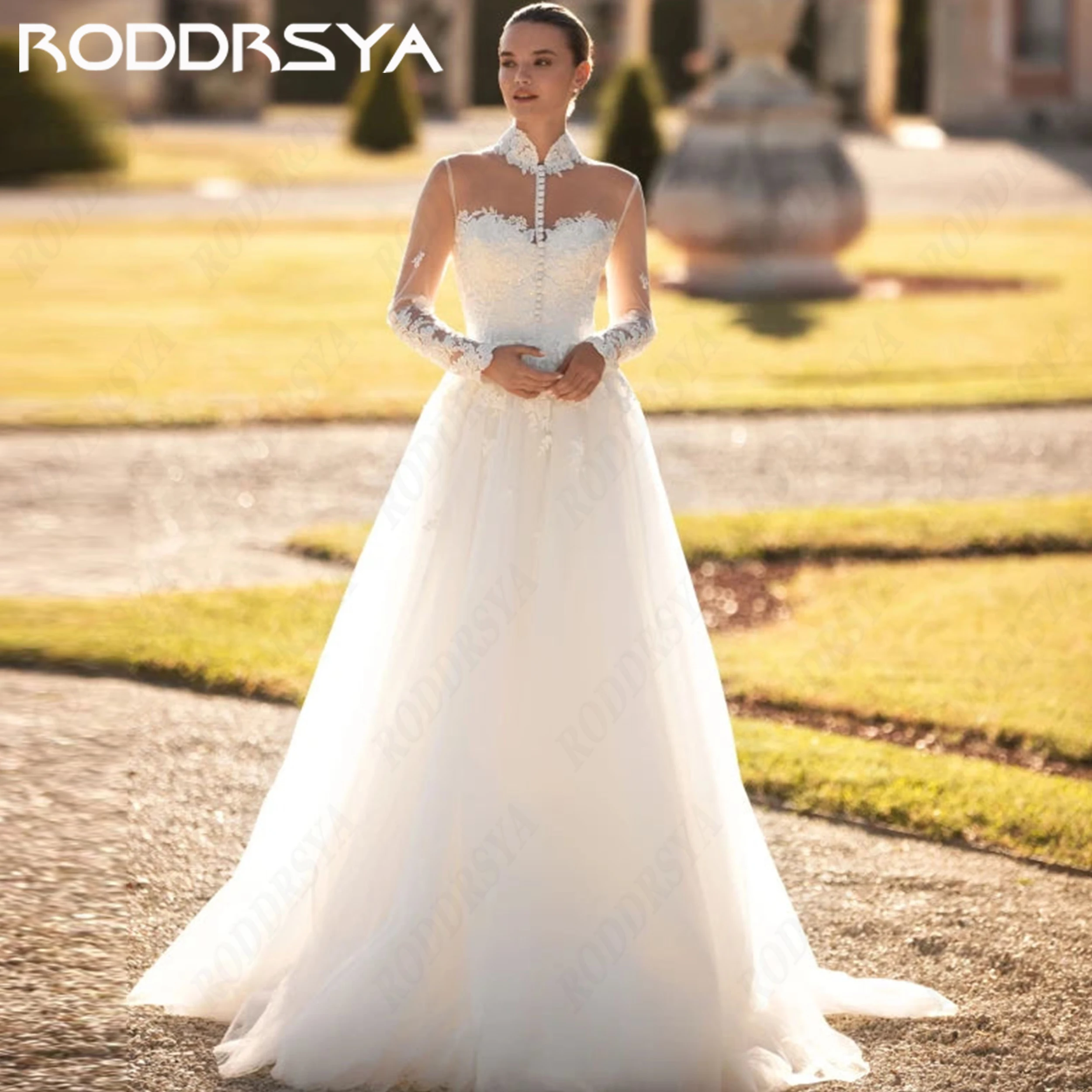 RODDRSYA 2026 Lace Applique Tulle Wedding Dress Illusion High Neck Bride Dresses Long Sleeve A Line Bridal Gown Custom Made