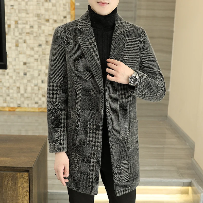 2024 Autumn/Winter New Men's Medium to Long Woolen Coat with Thick Cotton for Warmth and Fashion Jacquard Business Jacket Top