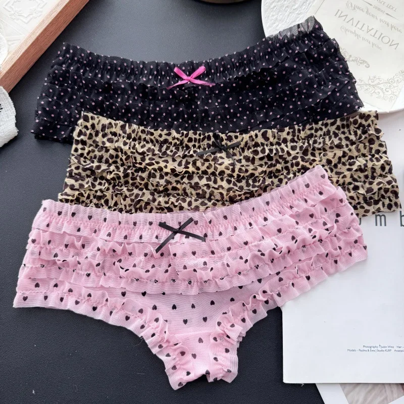 Princess Style Cute Women's Underpants Low Waist Cake Layer Mesh Panties Sweet Flower Print Cotton Crotch Soft Briefs Lingerie