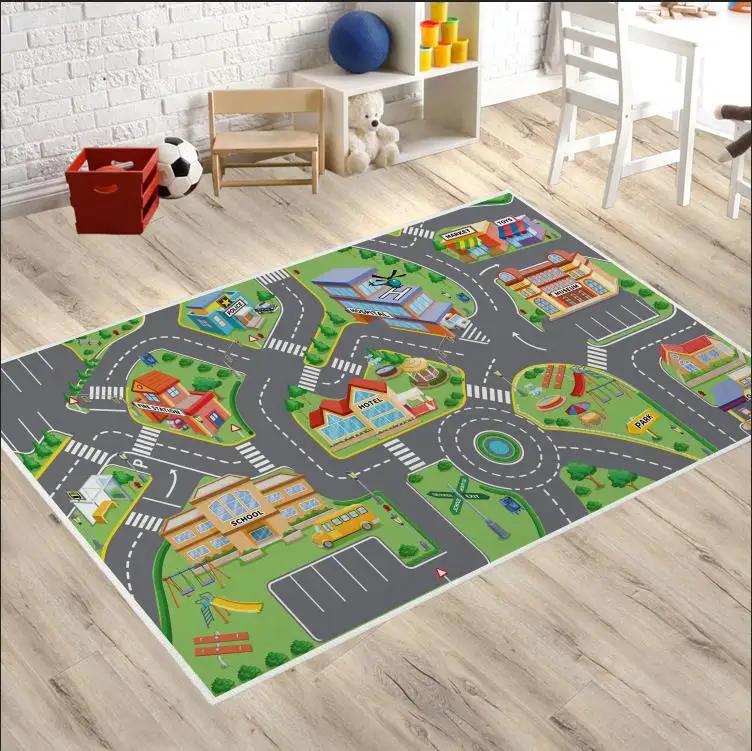 Children\'s Traffic Educational Carpet for Living Room Decor Children\'s Room City Life Road Non-Slip Large Area Rugs Crawling Mat