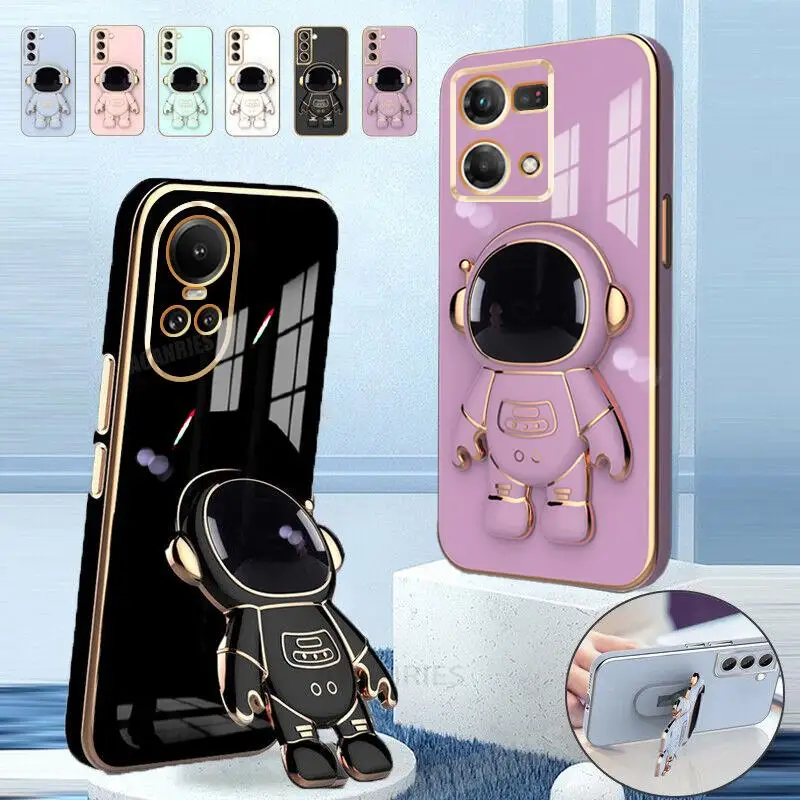 Reno10 Astronaut Holder Luxury Plating Case On For Oppo Reno 10 Pro 10pro 7 8 6 5 Lite Reno7 A58 4g 5g A78 Silicone Stand Cover