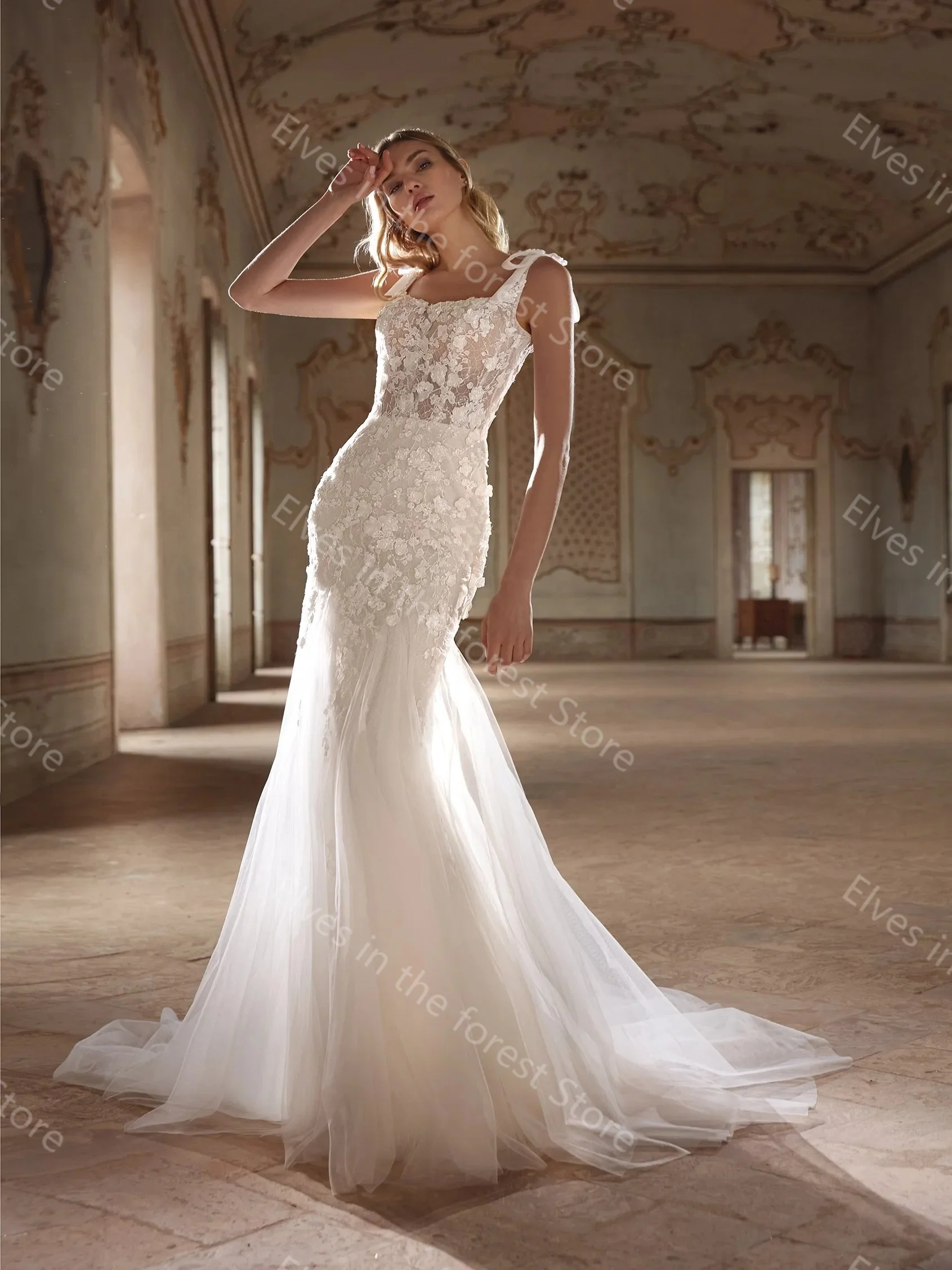 Charming Mermaid Wedding Dresses Lace Square Neck Sleeveless Bridal Gowns Glitter Sequins Sexy Sweep Train Robes de Mariee