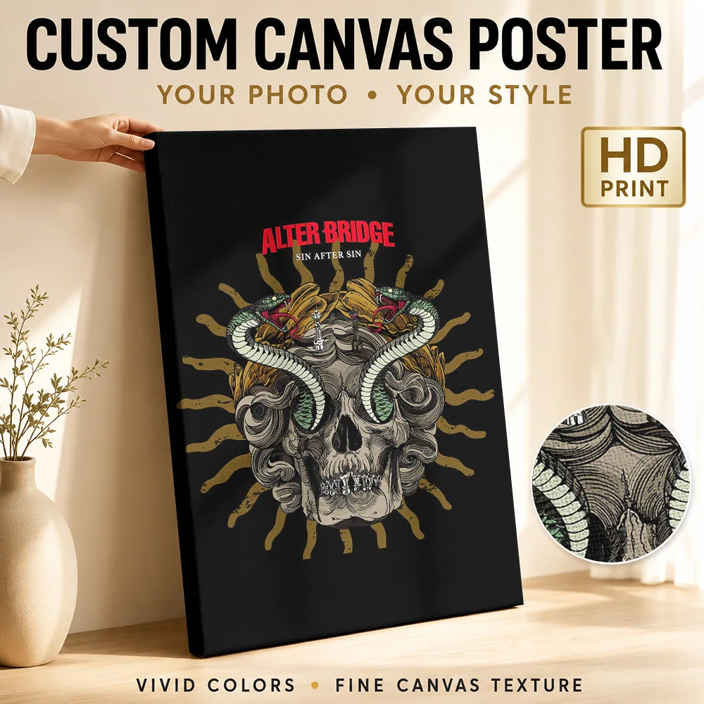 Alter Bridge Medusa Skull Canvas Poster Customized Photo Illustrated Wall Art For Home Recording Studio, Record Collector Gift
