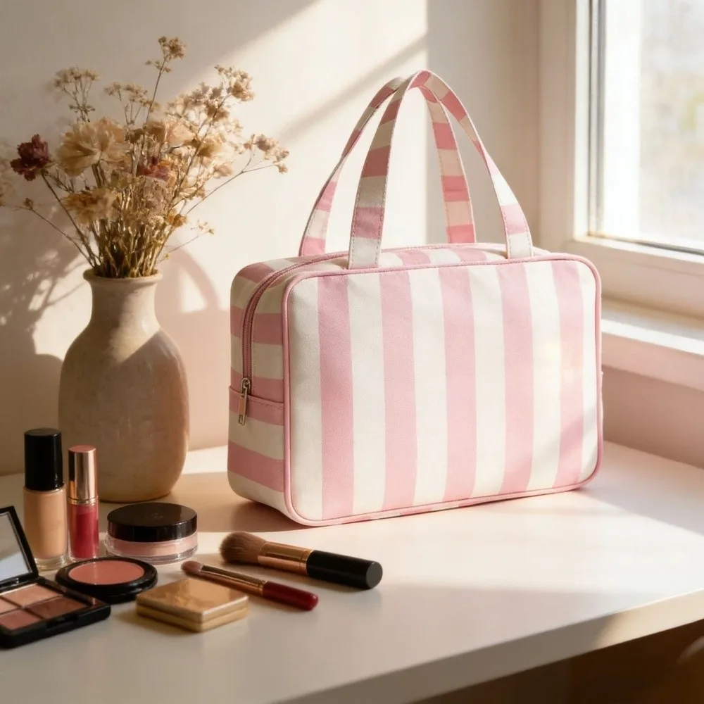 Large Capacity Striped Toiletry Storage Bag Collapsible Multi Compartment Travel Makeup Bag Durable Portable Cosmetic Pouch