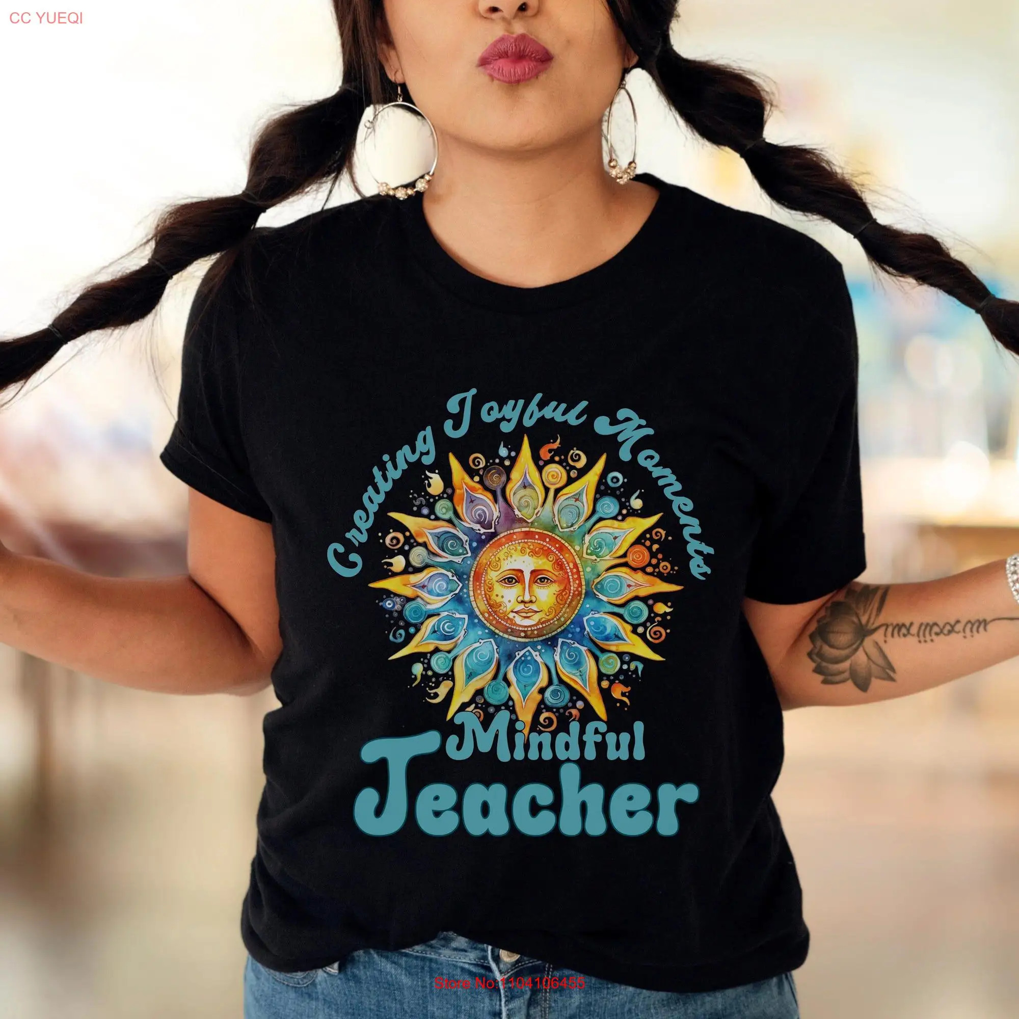 Mindful Teacher T Shirt Cute Hippie Back to School Inspirational Appreciation Bright Sunny Educator long or short sleeves