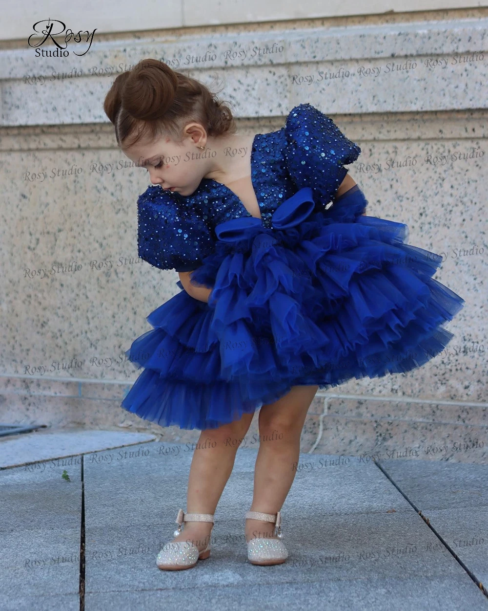 Royal Blue Knee Length Pageant Dress for Girl Beaded Kid's Christmas Party Dresses A-line Tiered Tulle First Holy Communion Gown