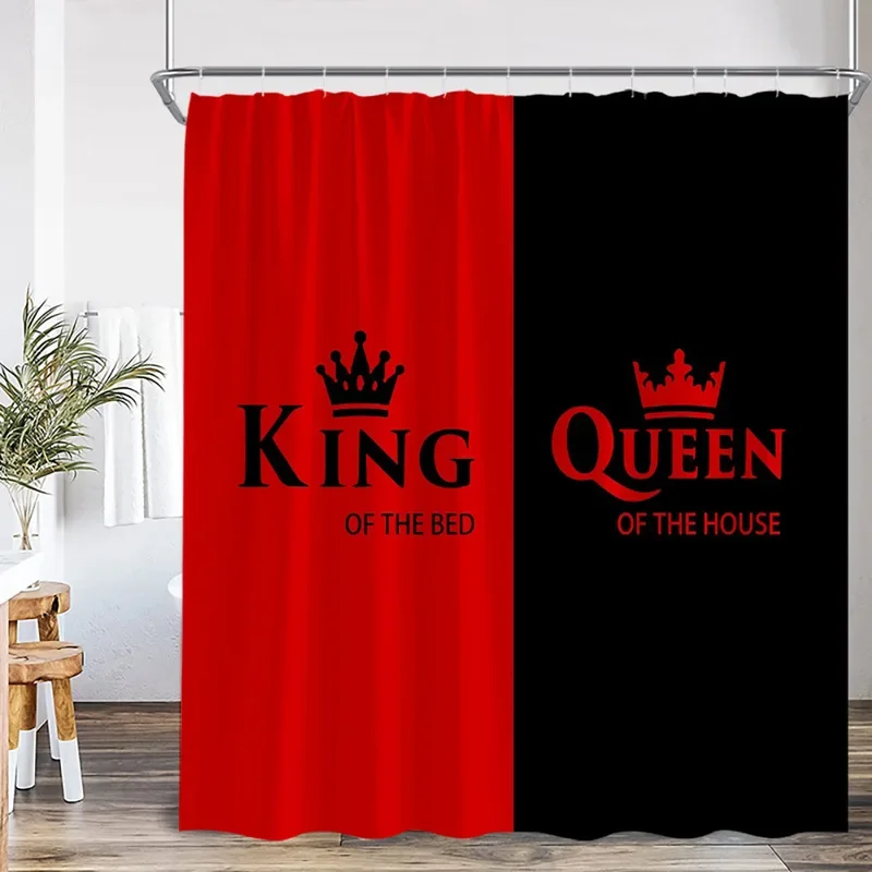 Crown Queen and King Shower Curtain Black White Pink Red Background Mrs Mr Right Couple Lover Polyester Bathing Decor Curtain