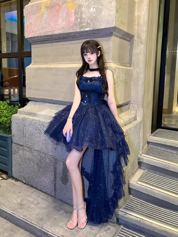 New Blue Color Dress Formal Cute Thin and Glittering Trailing Pettiskirt