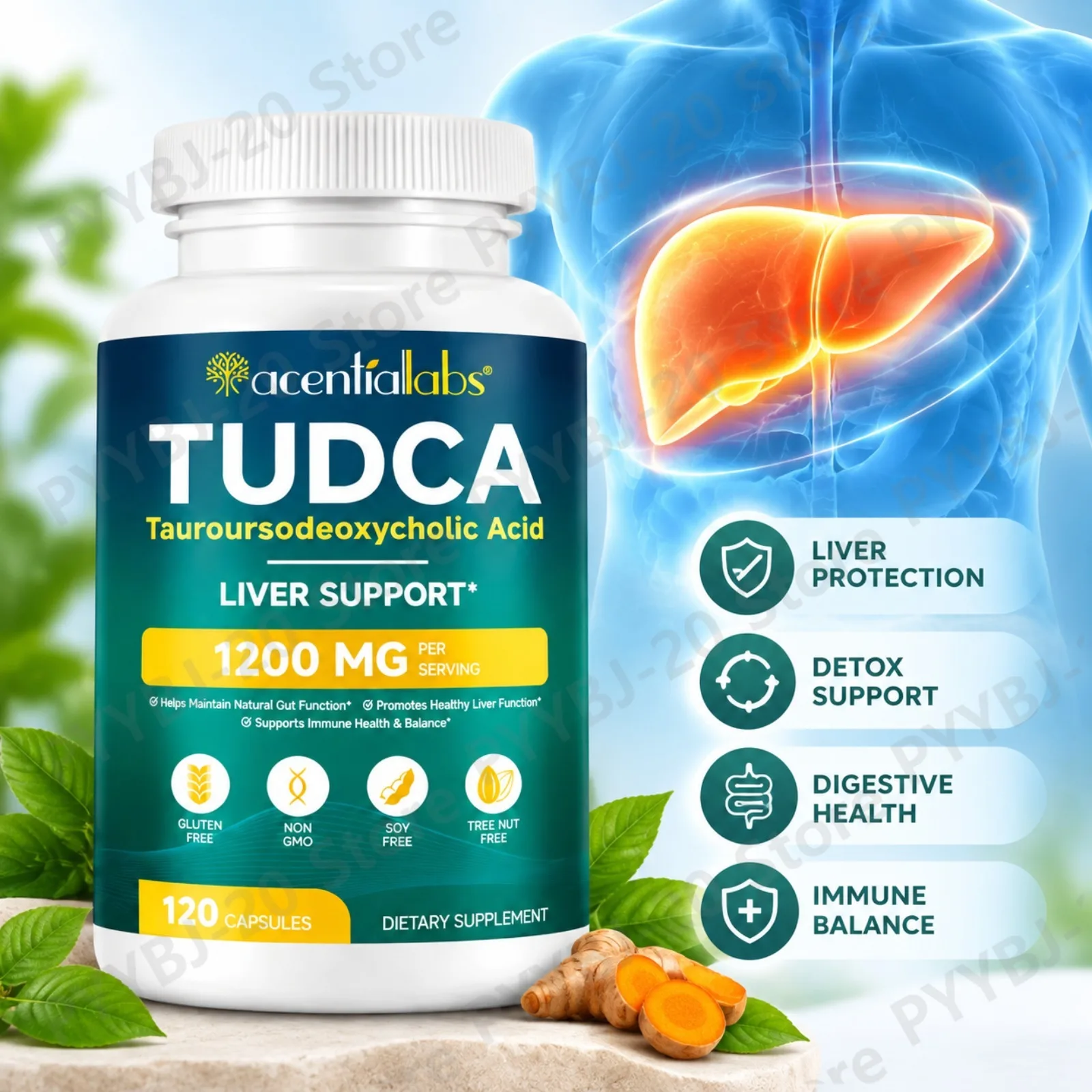 Acentiallabs TUDCA 1200mg Capsules - Liver Support & Gut Function Supports Metabolism & Immune Health Vegetarian 120ct