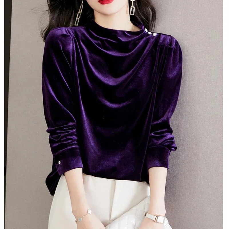 Women French Vintage Purple Elegant Chic Gold Velvet T Shirt Autumn Winter Fashion Ruffled O Neck Long Sleeve Pullover Tops B132