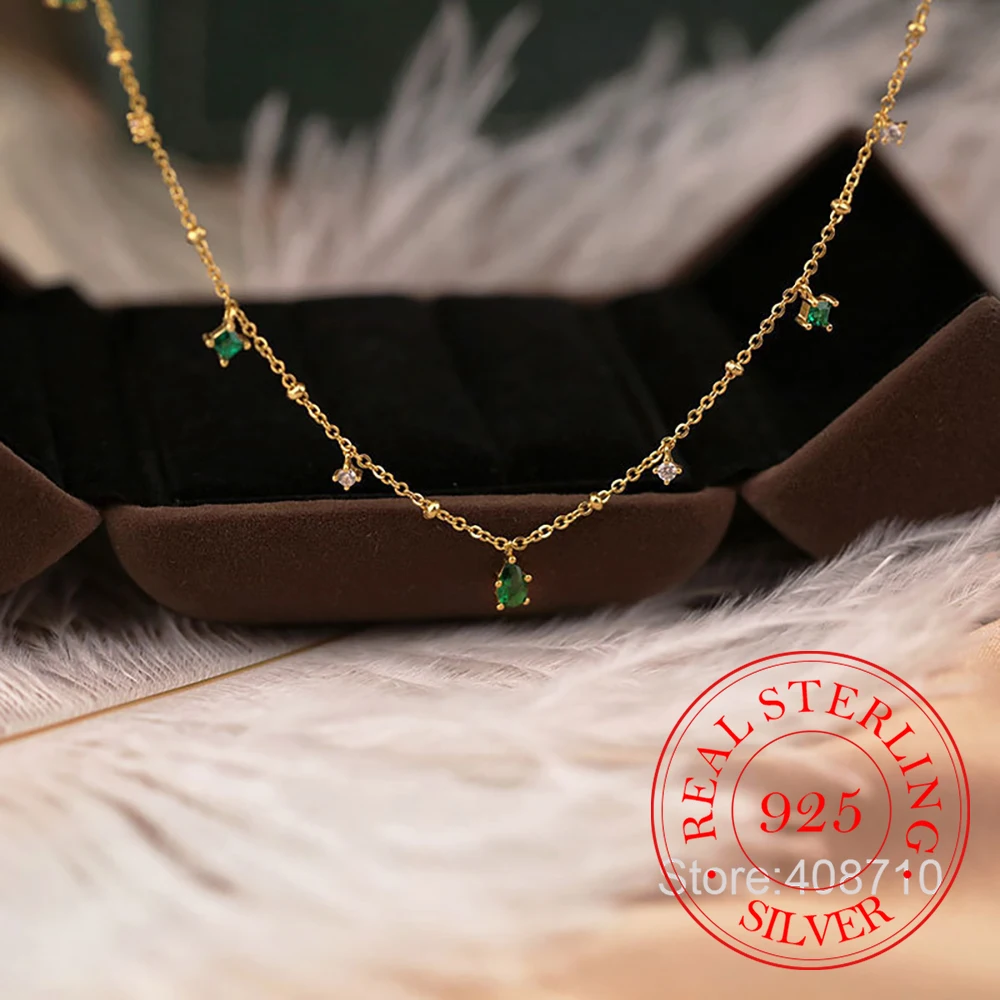 

925 Sterling Silver Vintage Watedrop Emerald Geometric Clavicle Chain Necklace For Women Wedding Jewelry Gift Collar Necklace