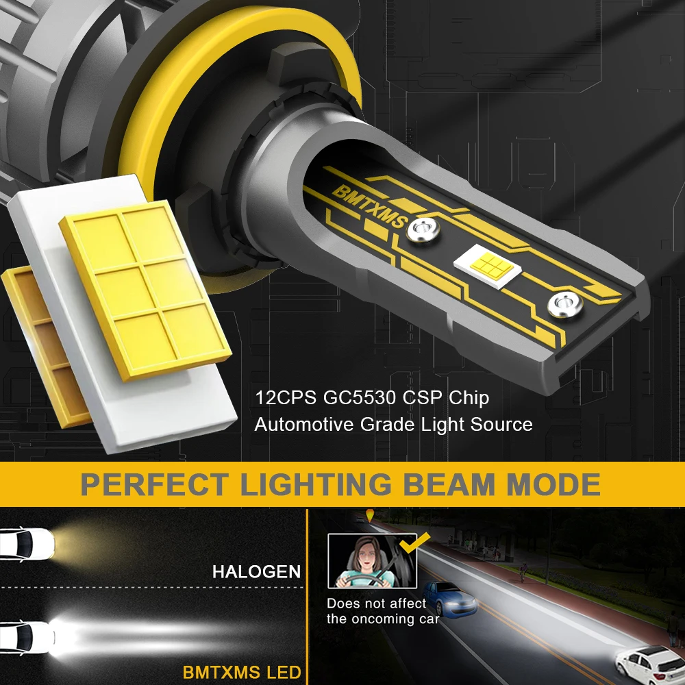 مصباح سيارة DRL ليد BMTxms ، مصابيح ضباب ، حافلة كان ، بدون خطأ ، 12000 لومن ، H8 ، H11 ، H16JP ، H10 ، HB4 ، H27 ، نهاري ، ألوان K ، 2 تفي