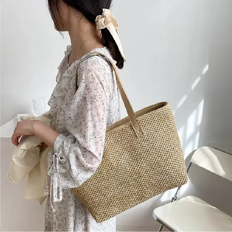 2024 Summer Beach Straw Women\'s Bag Large Capacity Shopper Tote Women Pure Color Shoulder Makeup Bag Casual Female Purse Handbag