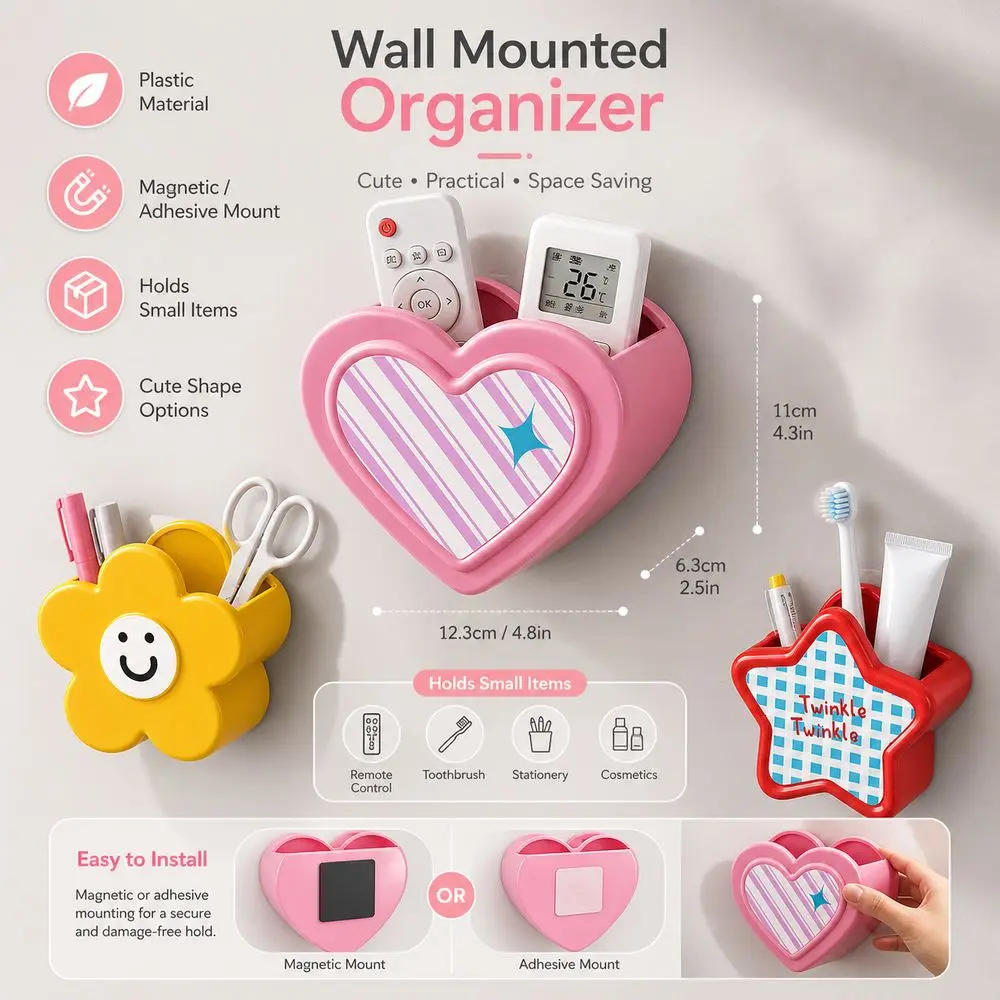 Magnetic Remote Control Storage Box Heart Shape Adhesive Wall Mounted Storage Holder Flower Shape Star Shape