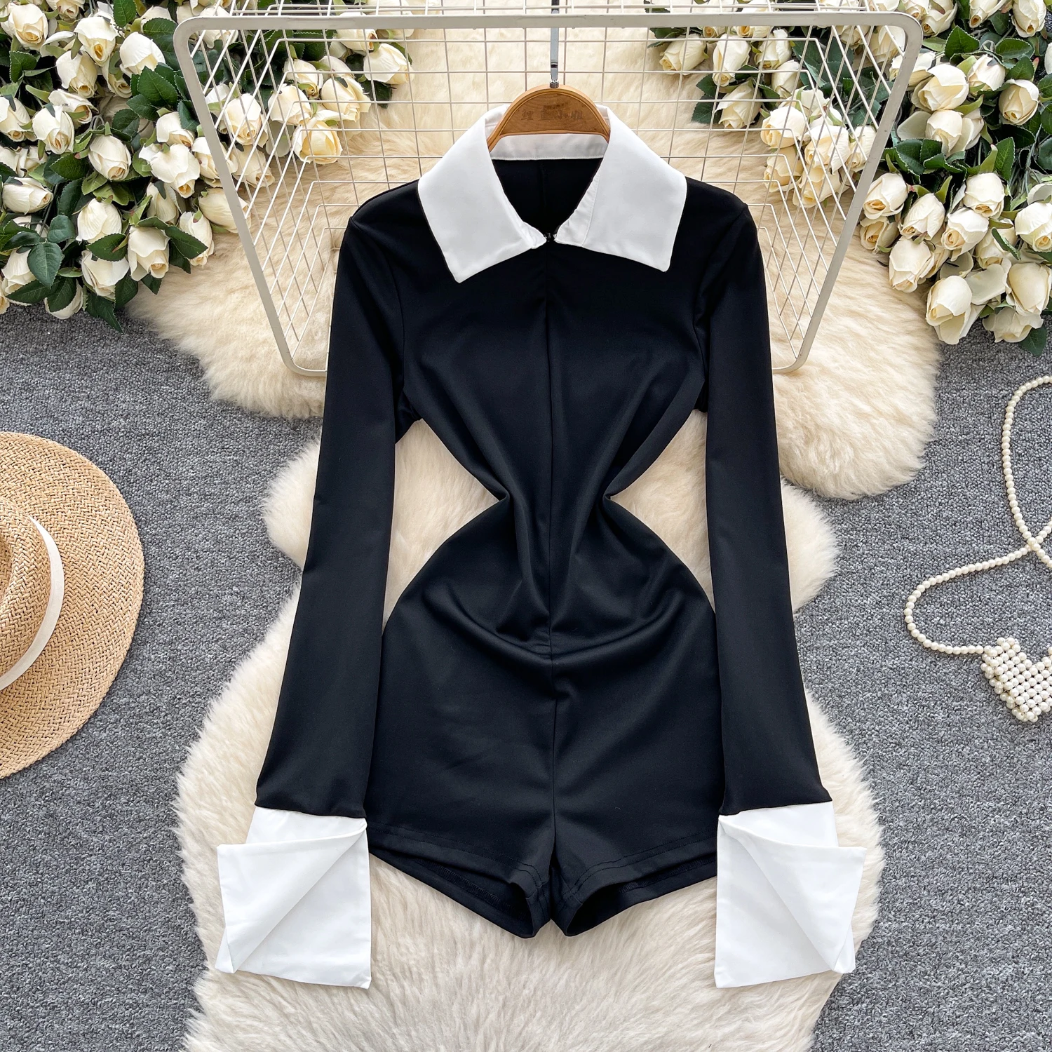 

Chic long sleeve patchwork slim Jumpsuit Vintage High Waist Romper Casual Spring Summer Women Playsuit
