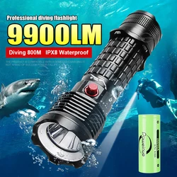 Linterna de buceo profesional para pesca submarina, caza, buceo XHP199, luz LED para buceo de 9900 lúmenes, linterna subacuática 26650