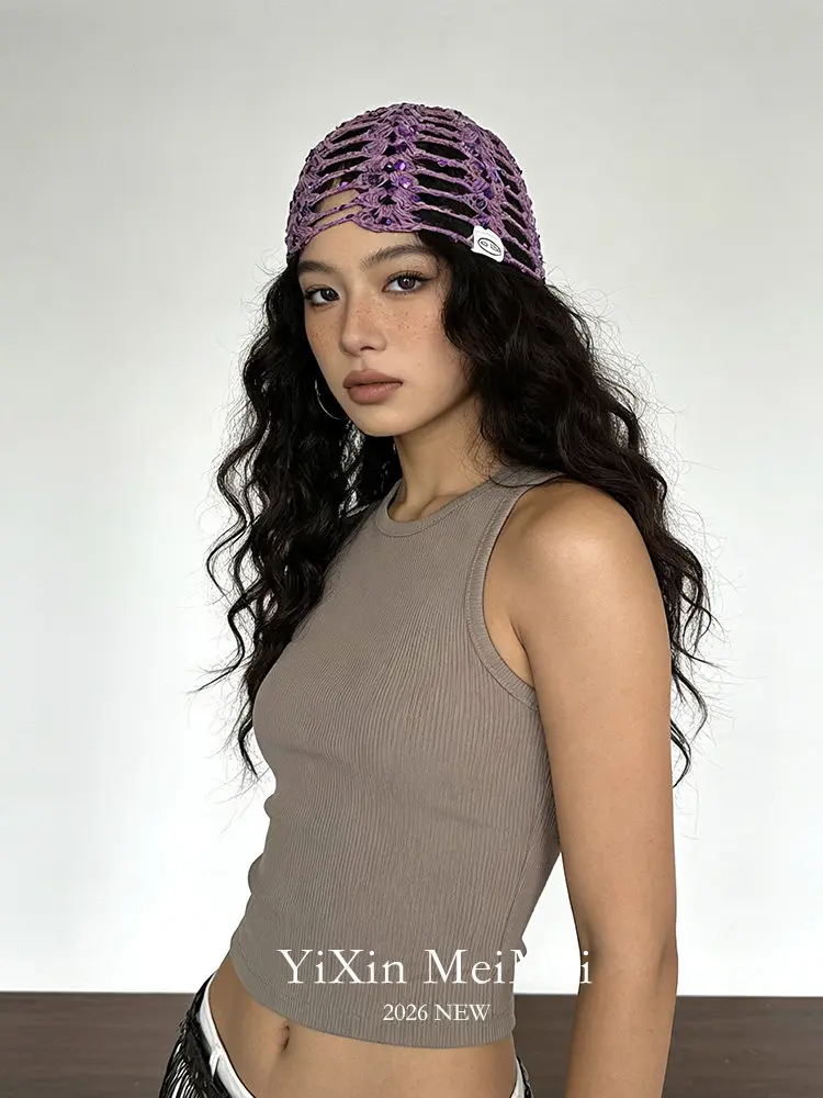 Bling Sequins Hollow Out Knitted Crochet Beanie Cap Women INS Mesh Breathable Headwear Summer Spring Fashion Street Wrap Hat