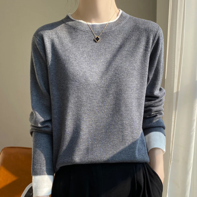 100% Wool Spring New O-neck Sweater Women Fashion Solid Fake Two Pieces Autumn Basic Top Loose Knit Long Sleeve Female Pullover