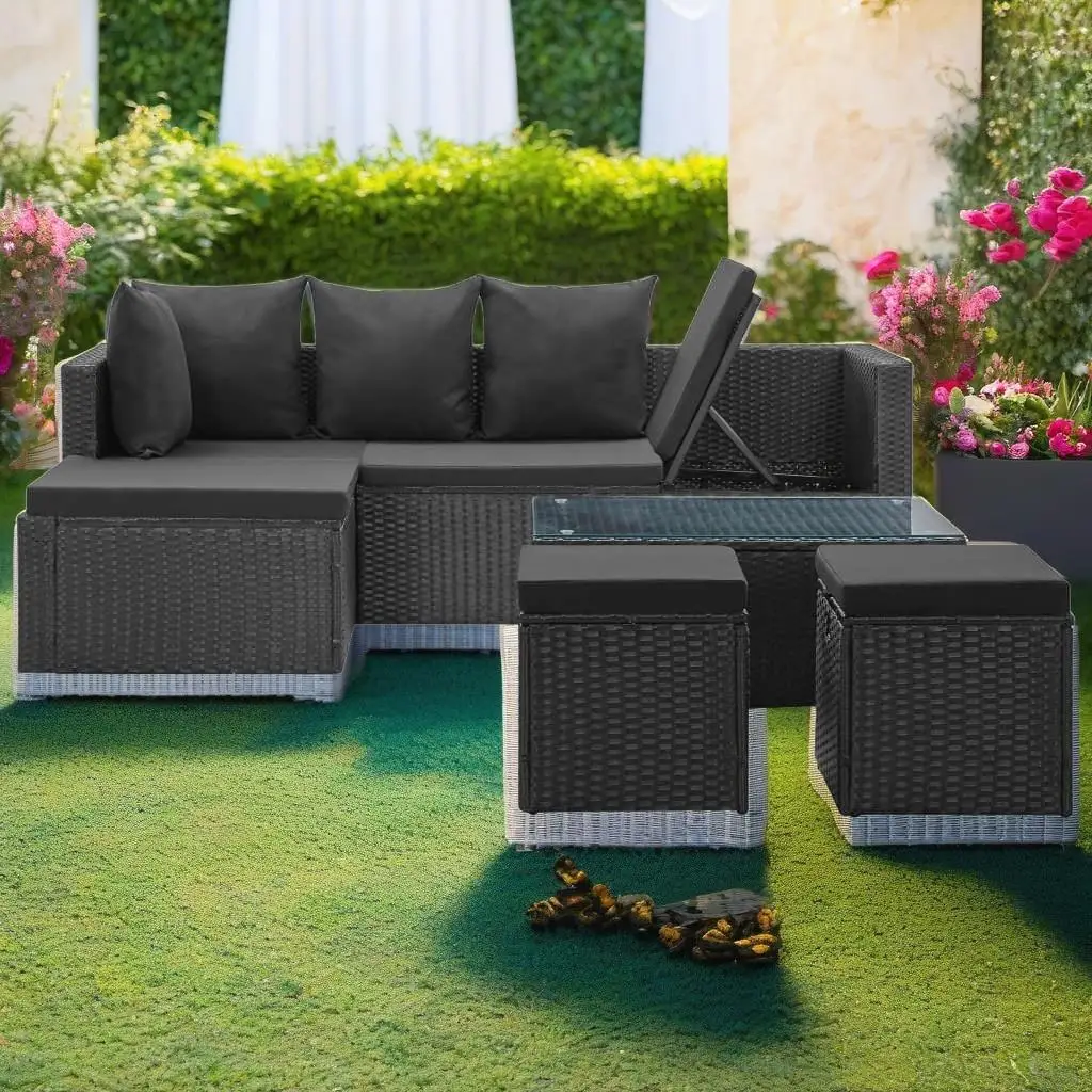 

4-Piece Black Poly Rattan Patio Lounge Set with Cushions - Modern Outdoor Furniture