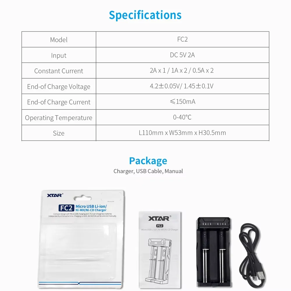 

XTAR FC2 Charger Charging 1.2V AAAA AAA AA C SC Rechargeable Li-ion Batteries 18350 18500 18700 21700 18650 Battery Charger