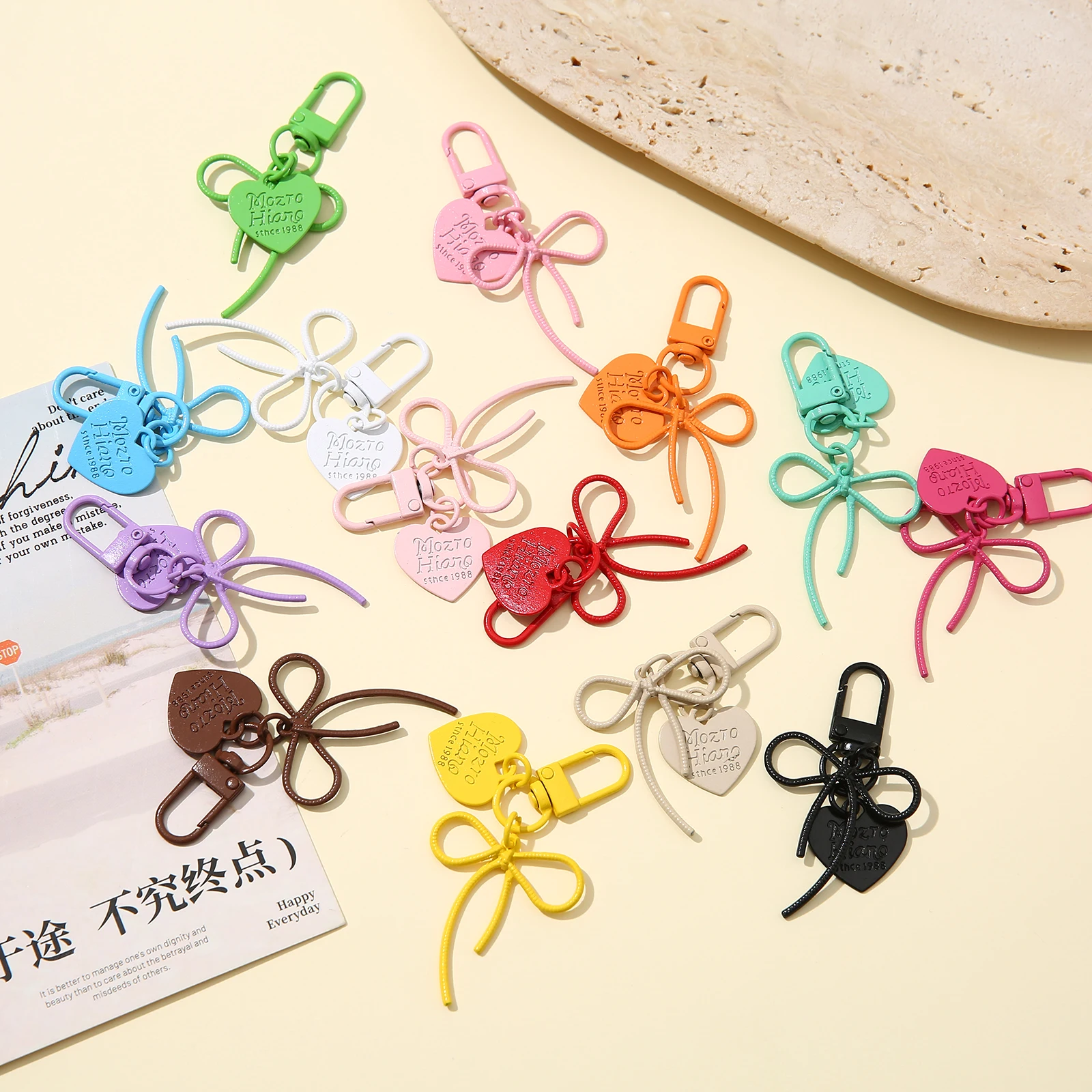 1-50 pcs Colorful Heart Bow Keychain, Cute Embossed Heart Tag Bow Key Ring with Spring Clasp, Sweet Aesthetic Bag Charm Pendant