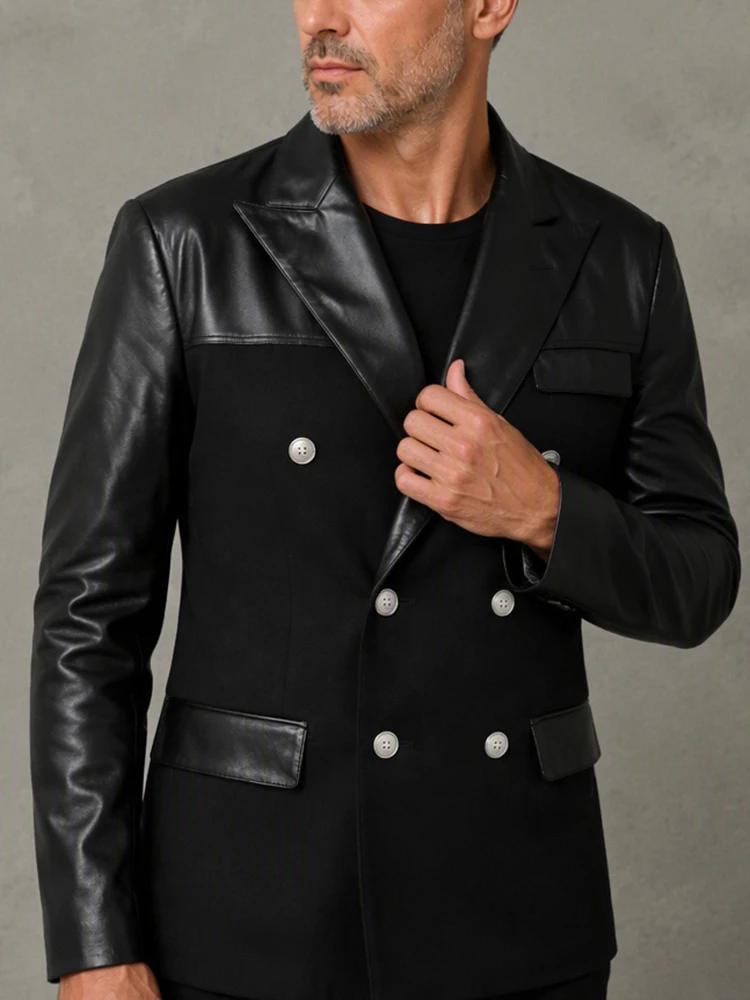 Men's Classic Black Blazer Faux Leather Patchwork Peak Lapel Double Breasted Suit Jacket for Wedding Business Party Banquet