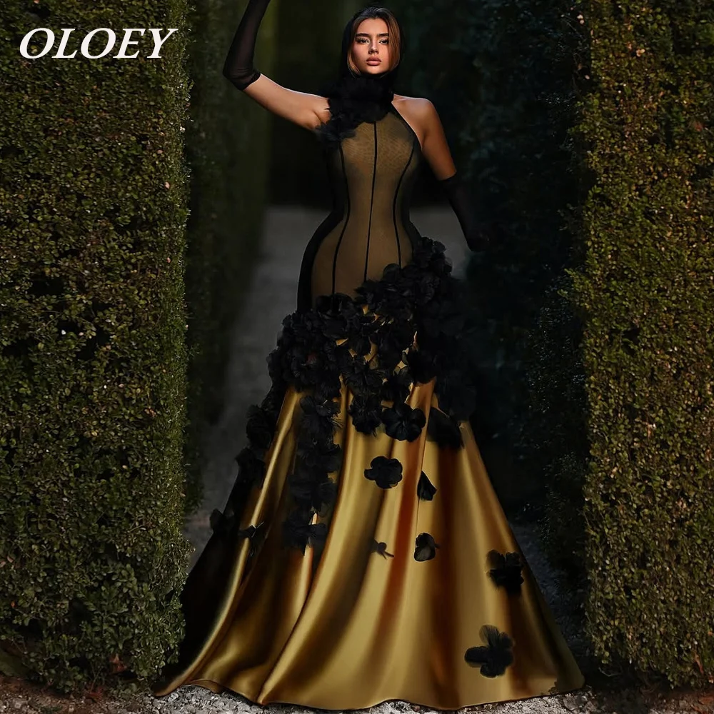 

OLOEY Luxury Black 3d Flowers Champange Mermaid Prom Party Dress Pleated Satin Formal Evening Gown with Gloves Customized