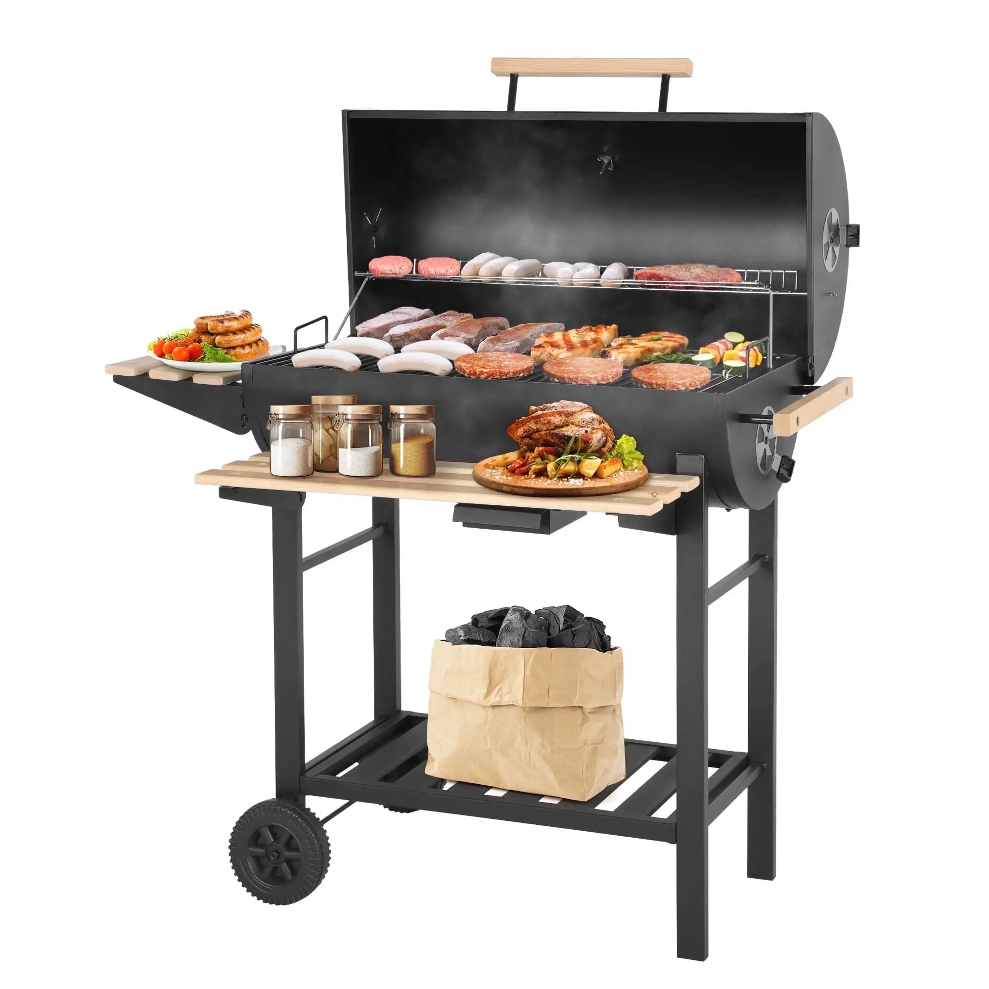 30-Inch Barrel Charcoal Grill with Warming Rack & Front Storage Basket 1