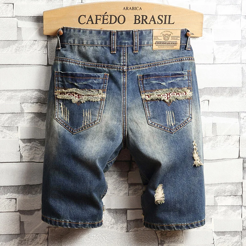 Ripped Hip-hop Denim Shorts Men's Summer Fashion Loose Patchwork Scratched Distressed Knee Length Jeans Vintage Y2K Streetwear
