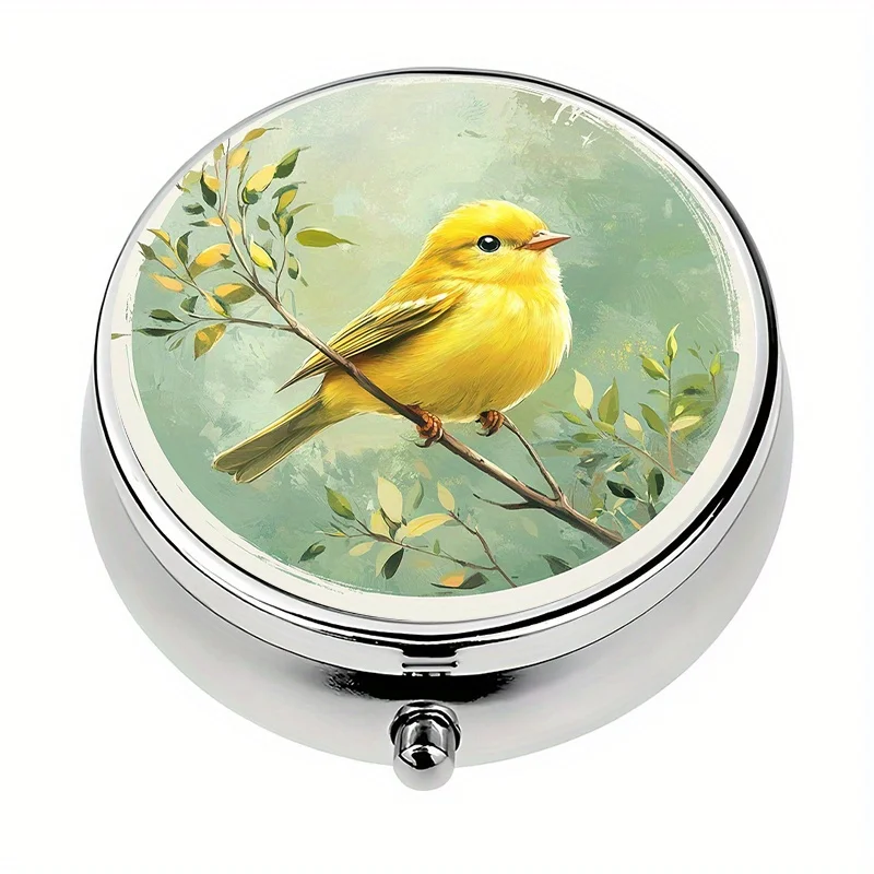 1 pill box with 3 compartments, natural bird-themed mini pill box, medication storage box, decorative vitamin storage box, suitable for purse or wallet