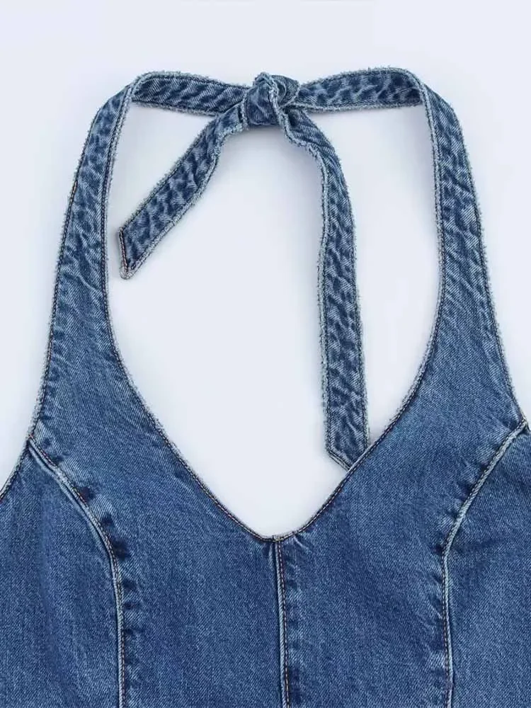 FDEY to     Letni kombinezon damski w stylu europejskim i amerykańskim, z temperamentem, dekolt w serek, dopasowany, wiązany na szyi, z odkrytymi plecami, dżinsowy.