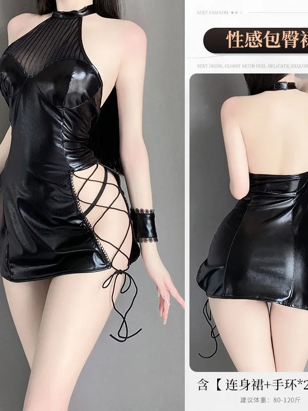 متعة الملابس الداخلية رغبة نقية ضيق مثير الملابس الجلدية فستان موحد أنيق معلق الرقبة نمط أسود سليم صالح الخصر 2870 V9KQ
