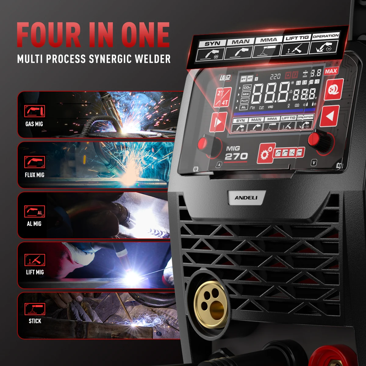 ANDELI وصول جديد LED 200A 4 في 1 MIG STICK LIFT TIG SYNERGY ماكينة لحام الألومنيوم