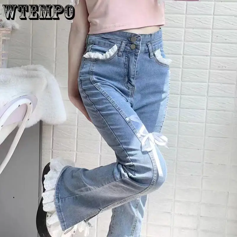 

WTEMPO Vintage Long Flare Jeans Pants Women Spliced Flower Embroidery Lace Beaded Chain High Waist Women's Long Trousers