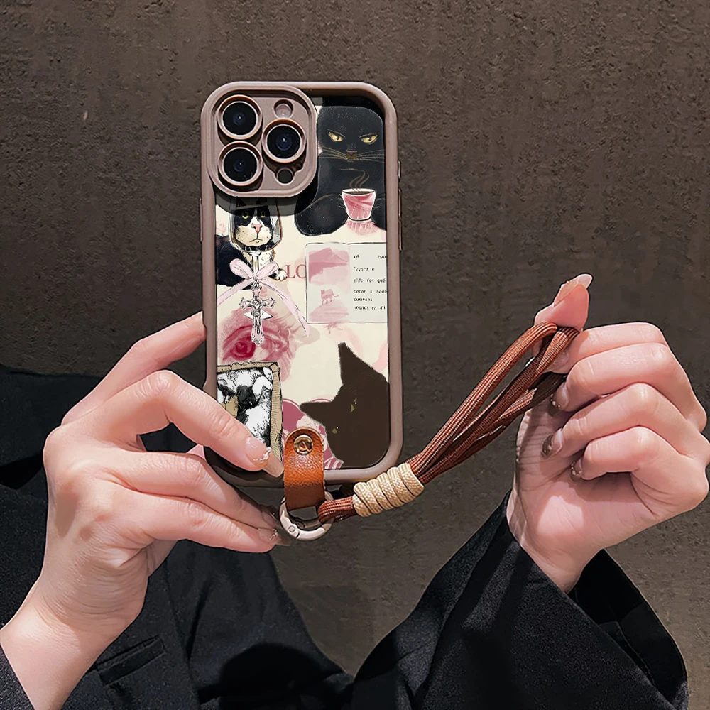 Retro-Katzen-Collage-Silikon-Handyhülle für iPhone 17 16 17 Pro 15 14 13 12 11 Pro Max 16E 7 8 Plus XR XS mit Lanyard, niedliche Hülle – Detail 4