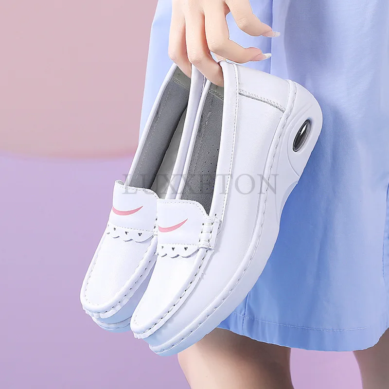 Air Cushion Nurse Shoes for Women Soft Soled Comfortable Non Slip Mid Heel Hollow Medical Work White Shoes