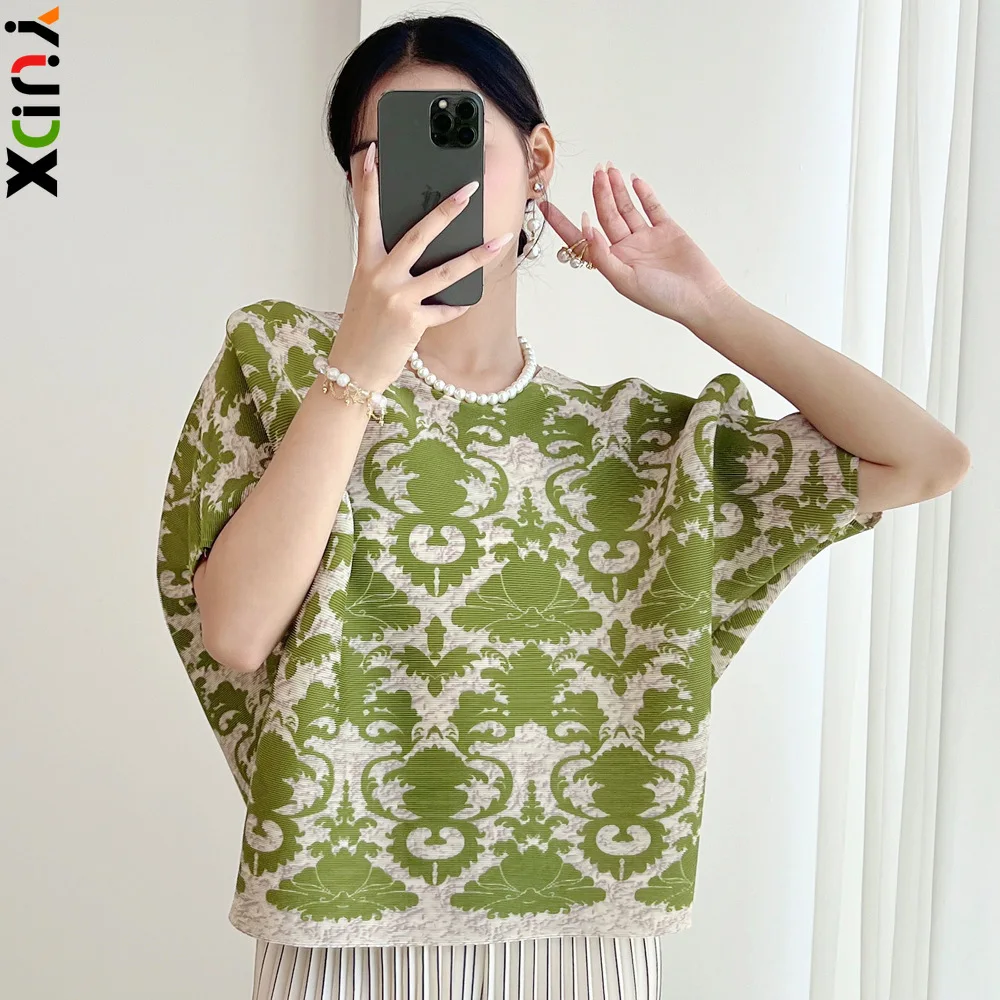 

YUDX Pleated Printed T-shirt Fashion Big Size Short-sleeved Printing Hundred Loose Top 2024 Summer New