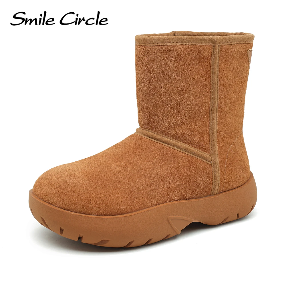 Smile Circle Chunky Snow Boots Women Suede Leather Round toe Warm Short Boots Luxury Brand Design Women Boots